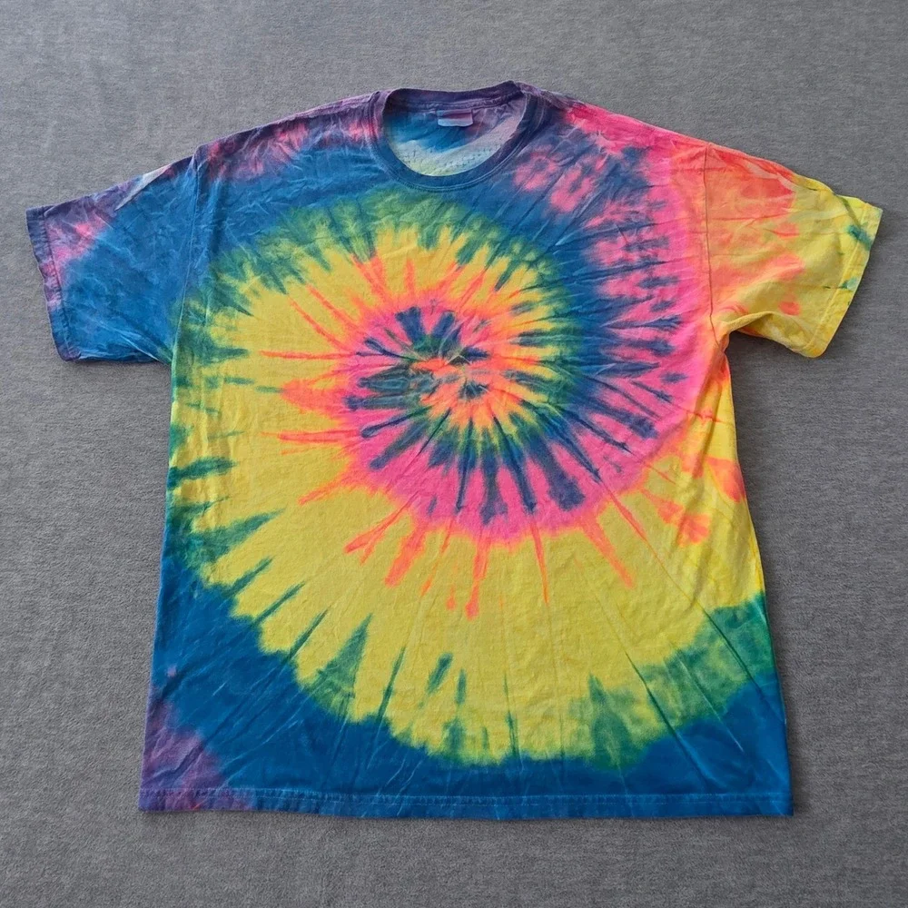 Hanes Heavyweight Mens XL Tie Dye T-Shirt Rainbow Spiral Neon Pink Yellow Blue - Picture 2 of 6